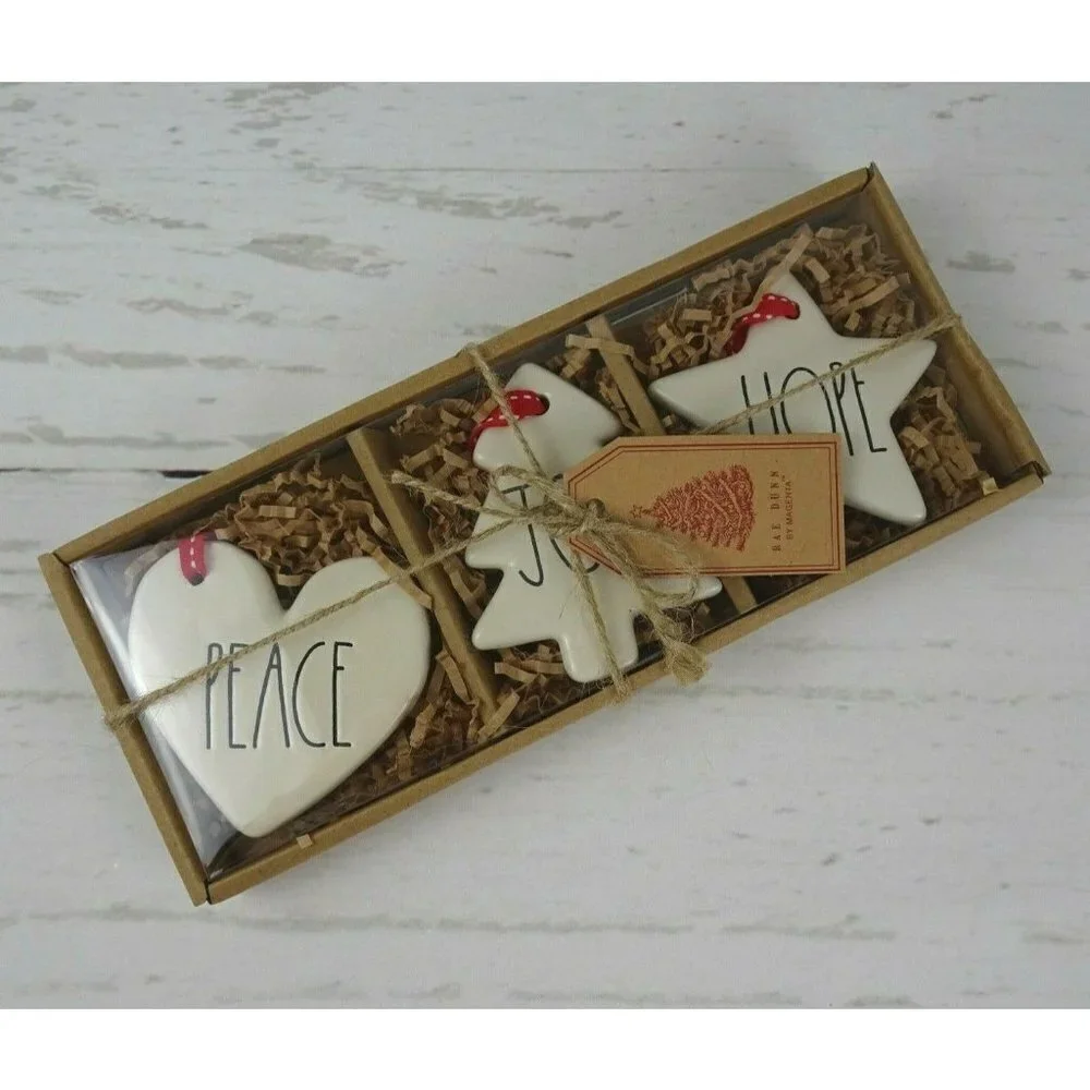 New Rae Dunn 3-PC Christmas Ornaments Ceramic Peace Joy Hope Tree Heart Star Set